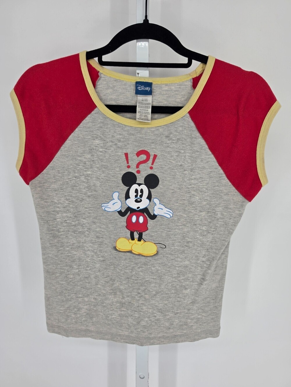 Vtg 1990s Disney Juniors Sz L Cropped Mickey Mouse Raglan T Shirt Gray Red